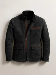 Vintage men's stand collar zip-up jacket in dark grey with a matte suede-like texture.