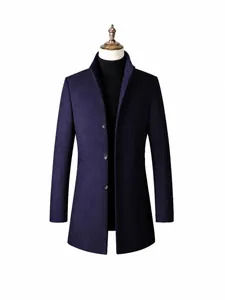 Abrigo de lana azul marino para hombre con forro cálido acolchado y cuello alto