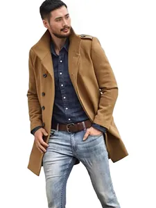Sophisticated men's mid-length camel wool overcoat featuring a stand collar and button closure