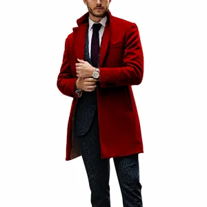 Detailed view of men's bright red mid-length wool overcoat with classic lapel