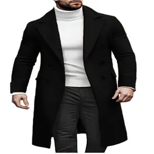 Close-up of men's double-breasted black wool coat in a classic British style.
