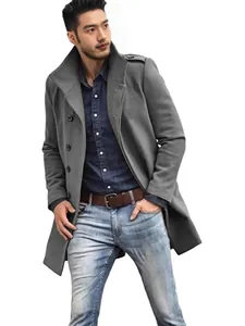 Stylish men's mid-length grey woolen coat with stand collar for autumn and winter wear