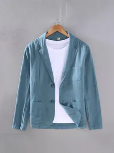 Veste de blazer décontractée en coton et lin bleu clair pour homme, idéale pour printemps.