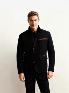 Men's vintage black stand-collar zipper jacket with leather trim details