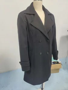Side view detail of a classic double-breasted charcoal wool overcoat on mannequin