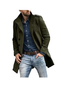 Men's mid-length wool trench coat with a stylish stand collar in dark olive green