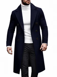 Detailed view of a men's navy blue double-breasted woolen overcoat in British style