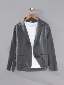 Veste blazer décontractée en coton et lin grise pour homme, printemps et automne