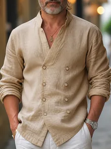 Chemise décontractée en lin à double boutonnage et col montant pour homme.