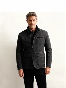 Retro men's stand-up collar jacket in charcoal grey textured fabric for autumn winter style