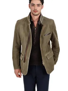 Stilvolle Herren Retro-Jacke mit Stehkragen im Vintage-Workwear-Design in Olivgrün Farbe