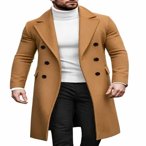 Detail of a men's camel double-breasted mid-length wool coat in British business style.