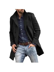 Classic men's mid-length black wool trench coat featuring a stylish stand collar