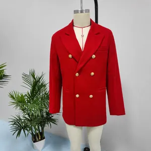 Men's red double-breasted wool blazer with gold buttons in slim fit casual style design