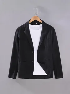 Veste de blazer décontractée en coton et lin noir pour homme avec coupe ample et poches