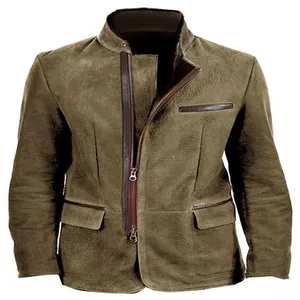 Klassische Herrenjacke mit Stehkragen, asymmetrischem Reißverschluss und Lederbesatz.