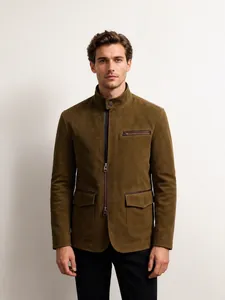 Men's retro olive green stand collar suede jacket with front zipper and flap pockets