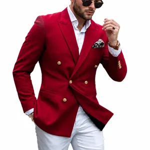 Men's slim fit red double-breasted woolen blazer jacket with gold buttons