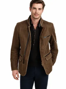 Stilvolle braune Vintage-Herrenjacke mit Stehkragen und dekorativen Reißverschluss