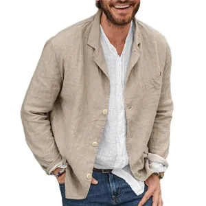 Blazer casual da uomo in cotone e lino beige con vestibilità comoda e maniche lunghe
