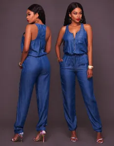 Front and back view of a blue denim sleeveless jumpsuit with drawstring waist and zipper neck
