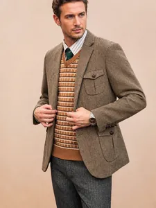 Herren Britischer Stil Fischgrätmuster Sakko Vintage Baumwollmischung Slim Fit Blazer Top Kamelfarben