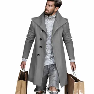Klassischer langer grauer Wollmantel für Herren mit großem Revers für Herbst und Winter