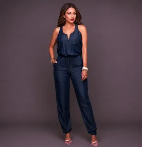 Dark blue slim-fit vest jumpsuit with drawstring waist and wide-leg design