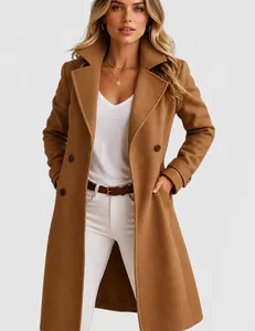 Women's European Style Woolen Trench Coat Fashion Solid Color Lapel Double Breasted Mid-length Outerwear Coat For Autumn Winter