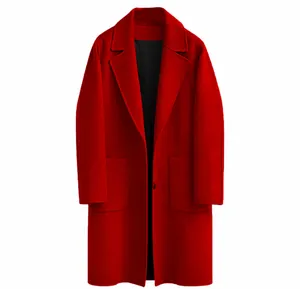 Detalle de vista frontal de un abrigo de lana rojo vibrante de gran tamaño para mujer