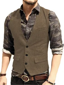 Men Retro Herringbone Tweed Waistcoat Slim Fit V-Neck Sleeveless Vest Casual Business Outerwear Jacket For Autumn Spring Men Clothing