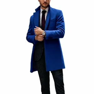 Abrigo de lana azul real para hombre estilo británico de largo medio casual invierno