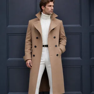 Elegant men's slim fit double-breasted camel wool trench coat for autumn and winter fashion