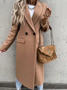 Close-up of a women's camel wool overcoat with notched lapel and double-breasted detail.