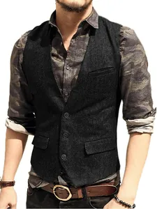 Men's herringbone tweed V-neck slim fit casual vest waistcoat for spring and autumn