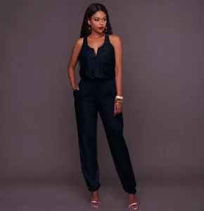 Sleeveless black waist-cinching jumpsuit for women with wide-leg design detail