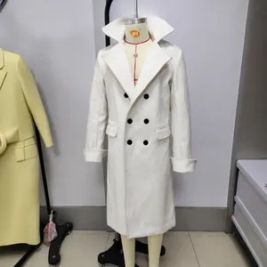 White double-breasted wool blend overcoat for men with slim fit and wide lapel collar