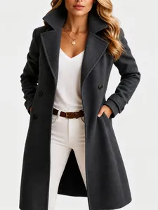 Elegant dark grey mid-length wool blend coat for women featuring a notched lapel