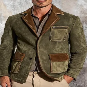 Men Vintage Polyester Suede Casual Blazer Retro Workwear Jacket Multi Pocket Color Block Patchwork Lapel Top