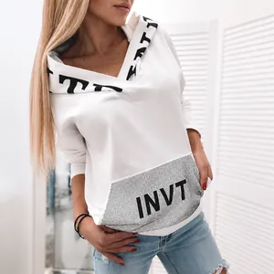 Stylish casual white women's oversized hoodie featuring black INVT letter print details