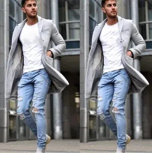 Herren Wollmantel in Hellgrau, mittellang mit Reverskragen für modische Outfits