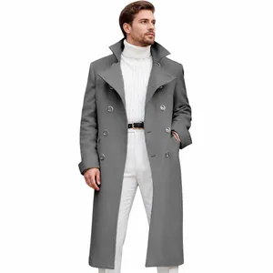 Classic men's slim fit double-breasted grey wool trench coat long windbreaker jacket