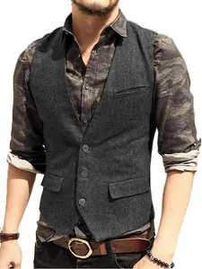 Men's charcoal grey herringbone V-neck waistcoat with four buttons for a classic casual look
