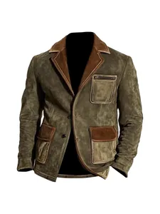 Men's vintage olive green suede multi-pocket casual blazer with brown patchwork collar