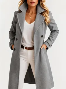 Elegant solid grey lapel wool blend coat mid-length winter outer jacket for women
