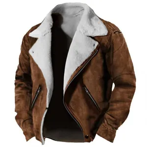 Detailed close-up of a men's stylish winter shearling jacket with warm faux fur lining