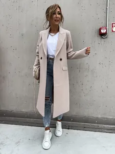 Elegant beige long wool blend coat with notched lapels and double-breasted design.