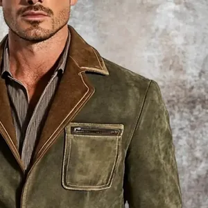 Close-up of vintage green suede jacket for men with chest zipper pocket detail