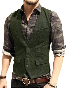 Stylish men's dark green herringbone V-neck tweed waistcoat casual slim fit vest