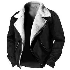 Detail of men's winter shearling jacket with white fur collar and black suede finish